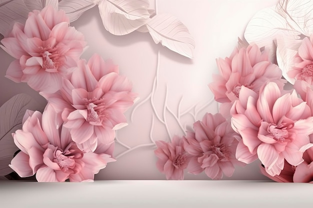 3d illustratie muurschildering behang roze bloemen op lichte achtergrond voor decoratieve muur genereren ai