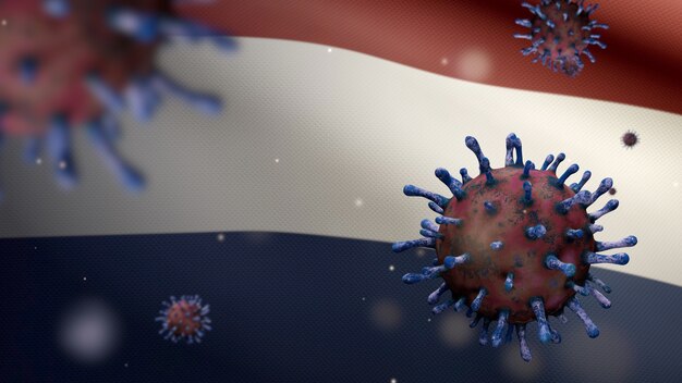 3d illustratie nederlandse vlag zwaaien en coronavirus 2019 ncov concept. aziatische uitbraak in nederland, coronavirussen griep als gevaarlijke griepstamgevallen als pandemie. microscoopvirus covid19