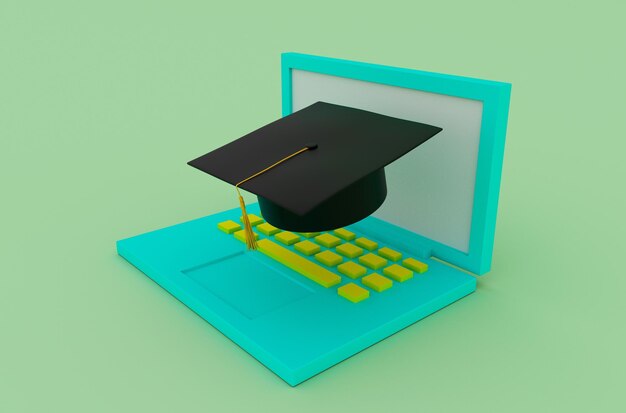 3D illustratie online Afstuderen GLB muts met kwast pictogram Baret met laptop