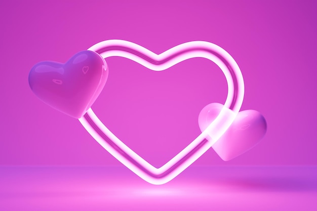 3D illustratie realistisch neon hart teken voor decoratie en bekleding op muur achtergrond 3D-scène ontwerp Geschikt voor Valentijnsdag en Moederdag