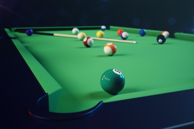 3D illustratie recreatie sport. Biljartballen met keu op groene biljarttafel. Biljart sport concept. Pool biljart spel