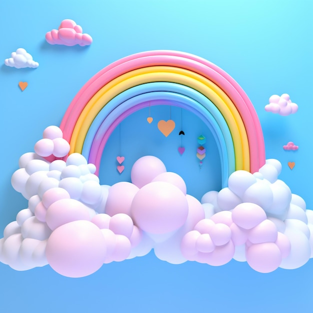 3D-illustratie regenboog en wolken op de achtergrond van de hemel in de stijl van Jeremiah Ketner minimalist