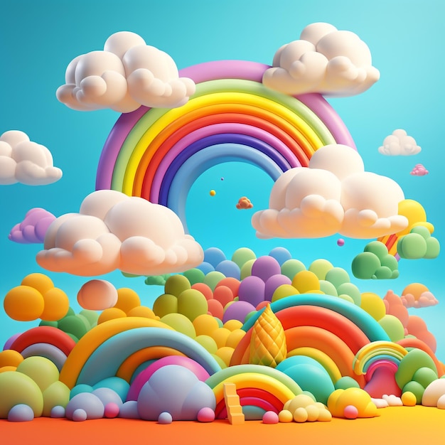 3D-illustratie regenboog en wolken op de achtergrond van de hemel in de stijl van Jeremiah Ketner minimalist