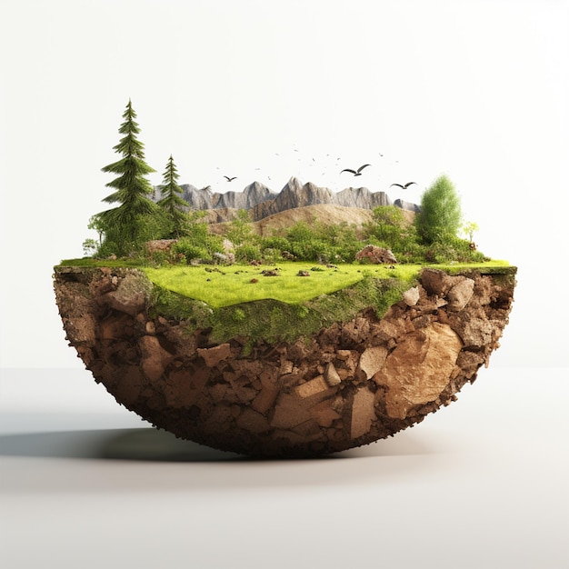 3D illustratie ronde bodem grond dwarsdoorsnede met aarde land en groen gras realistische 3D renderen