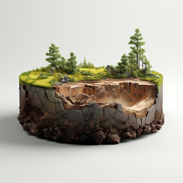 3D-illustratie ronde bodemgrond dwarsdoorsnede met aarde en groen gras