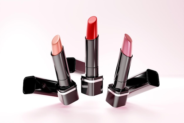 3D illustratie set kleur lipsticks Make-up en cosmetica scène voor beauty merk productontwerp