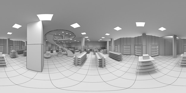 3d illustratie sferische 360 vr graden een naadloos panorama van het grote ruime moderne interieur