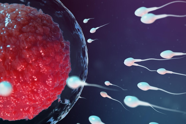 3D illustratie sperma en eicel, eicel. Sperma nadert eicel. Inheemse en natuurlijke bemesting. Conceptie het begin van een nieuw leven. Eicel met rode kern onder de microscoop, bewegingssperma