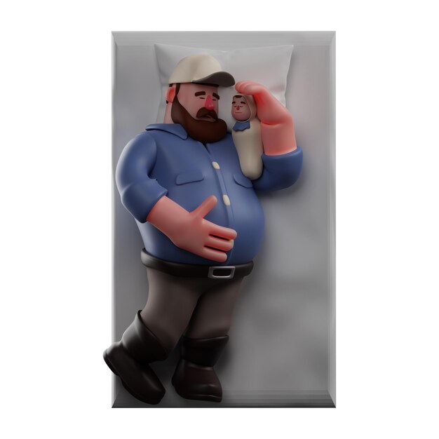3D illustratie Super papa met pasgeboren baby 3D Character Cartoon Design samen slapen