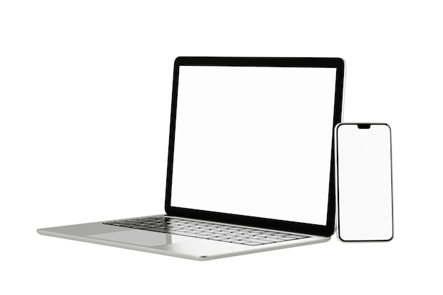 3D illustratie teruggevend voorwerp. Laptopcomputer zilver en zwarte kleur met smartphone mobiel leeg scherm geïsoleerd witte achtergrond. Uitknippad afbeelding.