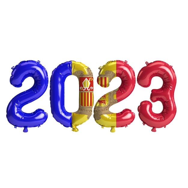 3d illustratie van 2023 jaar ballonnen met andorra vlag geïsoleerd op een witte achtergrond