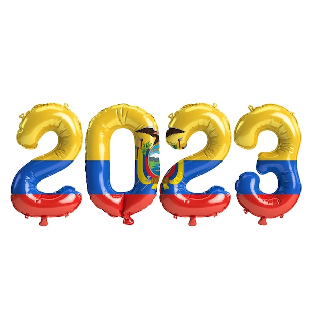 3D illustratie van 2023 jaar ballonnen met Ecuador vlag geïsoleerd op een witte achtergrond