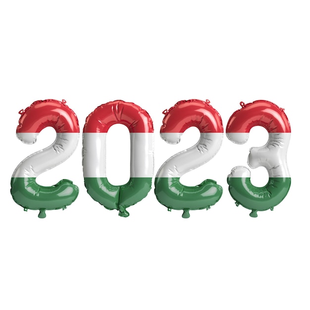 3D illustratie van 2023 jaar ballonnen met Hongarije vlag geïsoleerd op een witte achtergrond