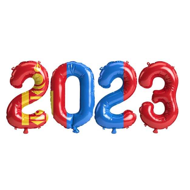 3D illustratie van 2023 jaar ballonnen met Mongolië vlag geïsoleerd op een witte achtergrond