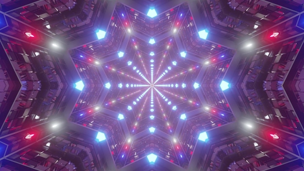 Foto 3d illustratie van 4k uhd abstracte achtergrond van heldere eindeloze stervormige tunnel in stijl van amerikaanse vlag verlicht door rode en blauwe neonkleuren