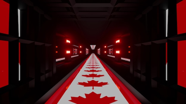 3D illustratie van 4K UHD abstracte achtergrond van symmetrische donkere tunnel ontworpen in de stijl van de Canadese nationale vlag die gloeit met rood neonlicht