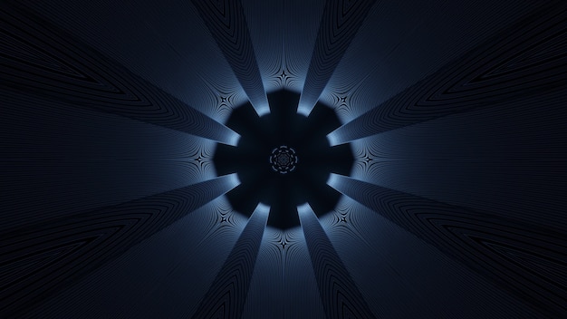 3d illustratie van abstracte achtergrond van geometrische donkere tunnel met licht en stralen