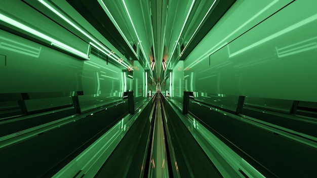 3d illustratie van abstracte futuristische achtergrond met eindeloze tunnel met groene gloeiende stralen van groene lichten in 4k uhd-kwaliteit