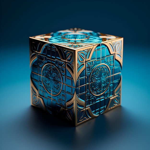 3D illustratie van abstracte geometrische kubus met blauw en goud patroon