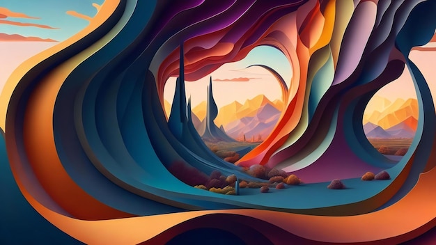 3d illustratie van abstracte landschapsachtergrond met blauwe en oranje lagen