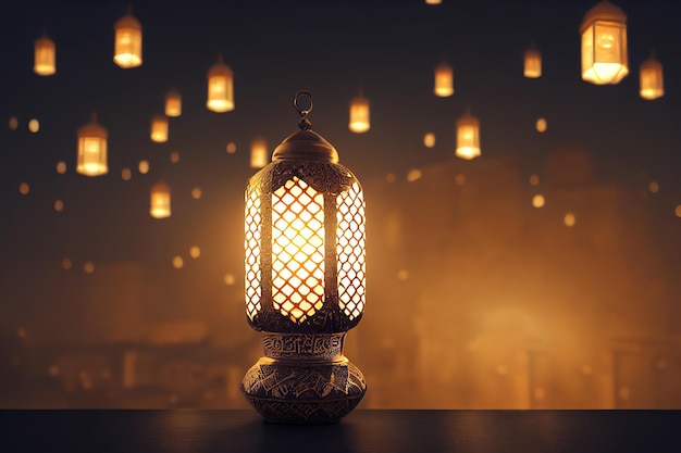 3d illustratie van Arabische lantaarn met brandende kaars die 's nachts gloeit Moslim heilige maand Ramadan