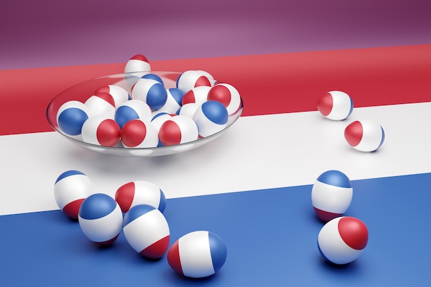 3d illustratie van ballen met de afbeelding van de nationale vlag van nederland