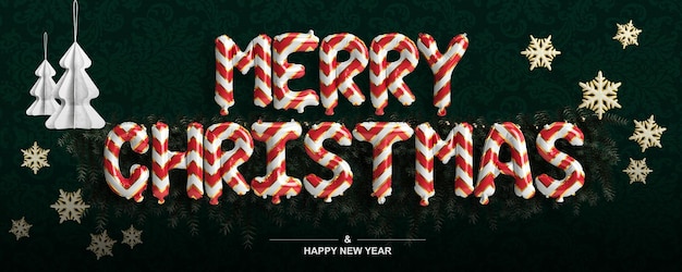 Foto 3d illustratie van baner kerst met luxe lettertype op groene achtergrond