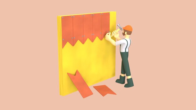 3D-illustratie van bouwvakkers die een muur gaan nagelen