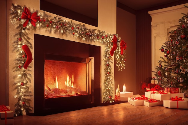3d illustratie van brandende open haard met kerstboom