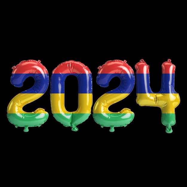 3d illustratie van brief over nieuwjaar 2024 met ballonnen op de vlag van kleur Mauritius