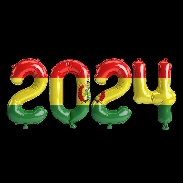 3d illustratie van brief over nieuwjaar 2024 met ballonnen op kleur Bolivia vlag