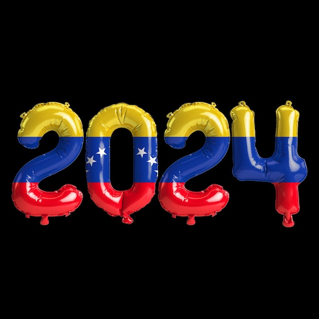 3d illustratie van brief over nieuwjaar 2024 met ballonnen op kleur Venezuela vlag
