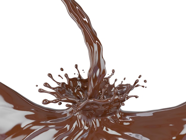 Foto 3d illustratie van chocolade splash geïsoleerd op een witte achtergrond inclusief werkpad of uitknippad