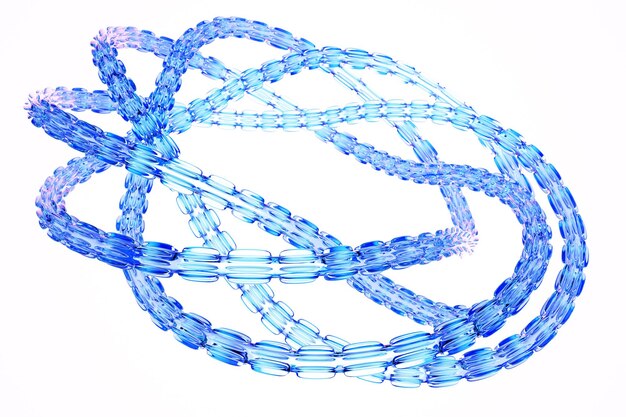 3d illustratie van close-up van blauwe gloeiende kettingschakels gebogen in een mooie vorm op een witte achtergrond