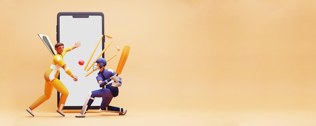 3D-illustratie van cricketspelers met smartphone voor toernooiuitrusting en kopieerruimte op glanzende pasteloranje achtergrond