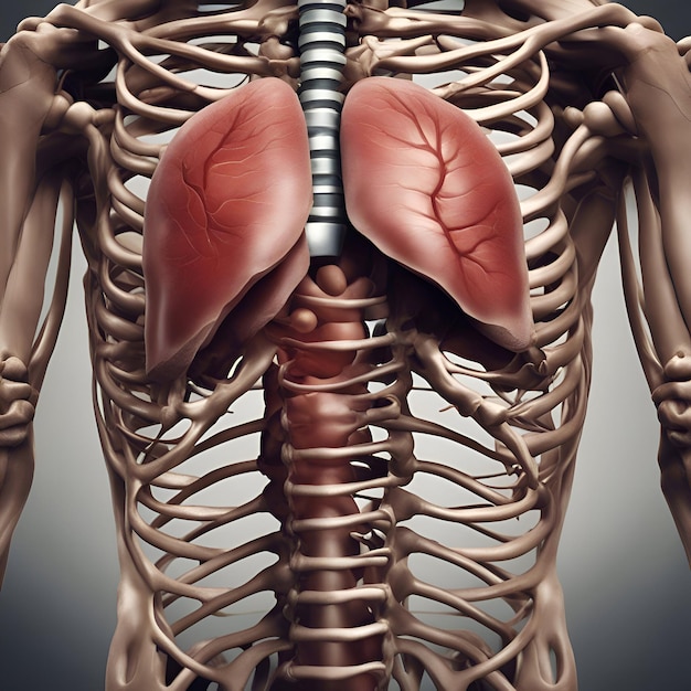 3D-illustratie van de anatomie van het menselijk lichaam skelet en longen op grijze achtergrond