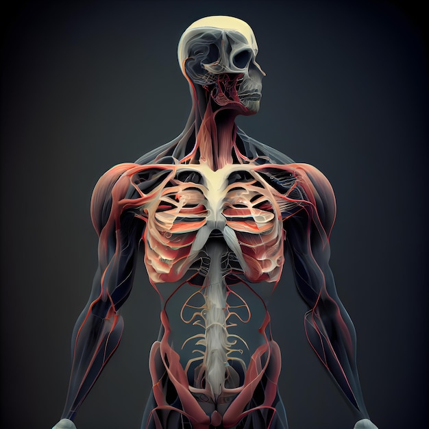 3D illustratie van de anatomie van het menselijk skelet met spierkaarten over donkere achtergrond