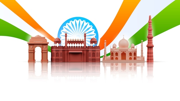 3D illustratie van de beroemde monumenten van India met Ashoka-wiel en driekleurige golf op witte achtergrond.