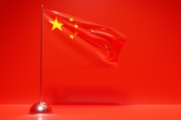 3D illustratie van de nationale vlag van China op een metalen vlaggenmast wapperen. Land symbool.