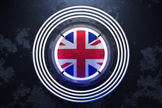 3D illustratie van de nationale vlag van het Verenigd Koninkrijk in een roze en blauw neon rond frame op een zwarte achtergrond