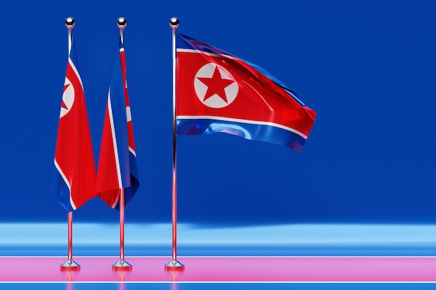 3D illustratie van de nationale vlag van Noord-Korea op een metalen vlaggenmast wapperen. Land symbool.