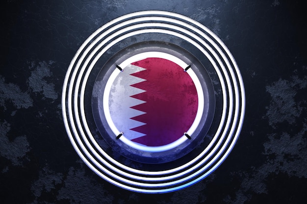 3d illustratie van de nationale vlag van qatar in een roze en blauw neon rond frame op een zwarte achtergrond