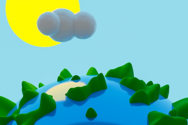 3d illustratie van de planeet aarde met volumineuze bossen en water onder de heldere gele zon.