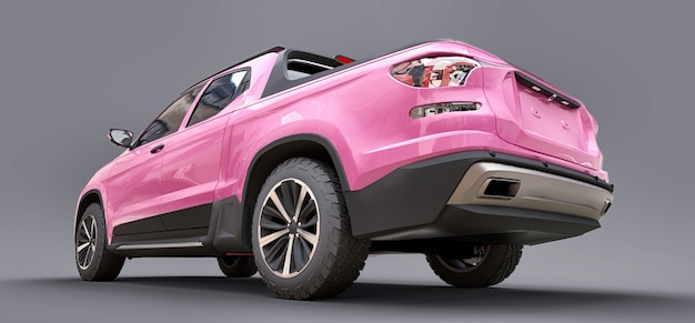 3D illustratie van de roze pick-up van de conceptenlading op grijze geïsoleerde achtergrond. 3D-rendering.