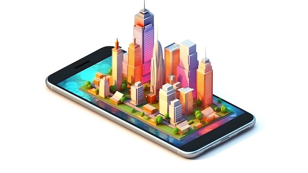 3D illustratie van de skyline van de moderne stad op smartphone