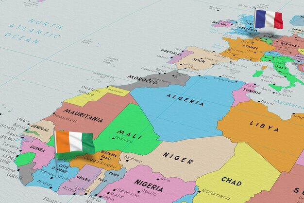 3D-illustratie van de vlaggen van Frankrijk en Ivoorkust op de politieke kaart
