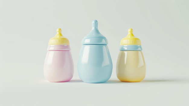3D-illustratie van drie babyflessen in pastelkleuren De flessen zijn in een rij op een vaste achtergrond gerangschikt