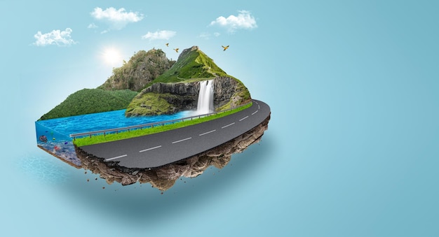 3D illustratie van drijvende weg met tropisch eiland. stuk land met waterval en oceaanontwerp