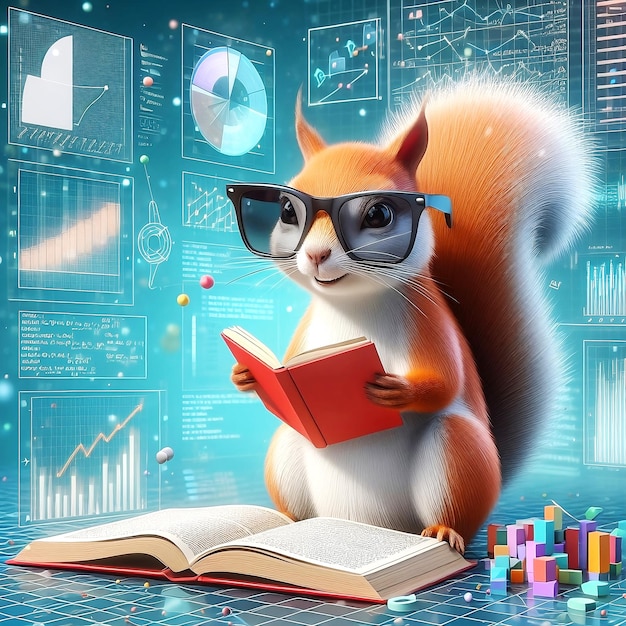 3D-illustratie van eekhoorn glimlach met zonnebril lezen van boeken en het oplossen van wiskundige gegevensanalyse