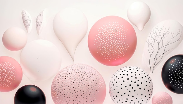 3D-illustratie van een abstracte achtergrond met witte, zwarte en roze ballonnen